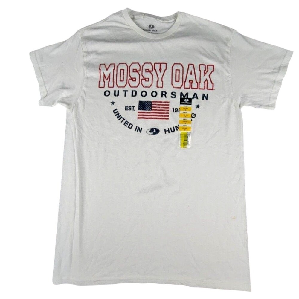 Mossy Oak Shirt Mens Medium White Outdoorsman USA Flag Hunting Graphic Tee